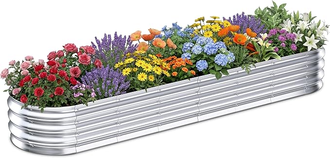 Galvanized Raised Garden Bed Outdoor, 8x2x1ft Metal Heavy Duty Planter Boxes for Gardening, Easy Assemble Small Oval Plant Container Kit for Vegetables, Flowers, Fruits, Silver, 1 Pack