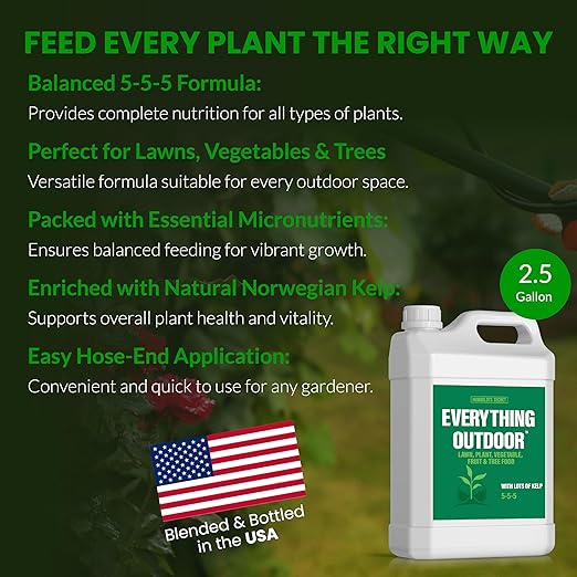 Humboldts Secret Everything Outdoor Plant Food | 5-5-5 Liquid Fertilizer with Norwegian Kelp | All Purpose Lawn, Vegetable & Fruit Food | Garden Nutrients | Refillable Hose End Bottle | 2.5 Gallon