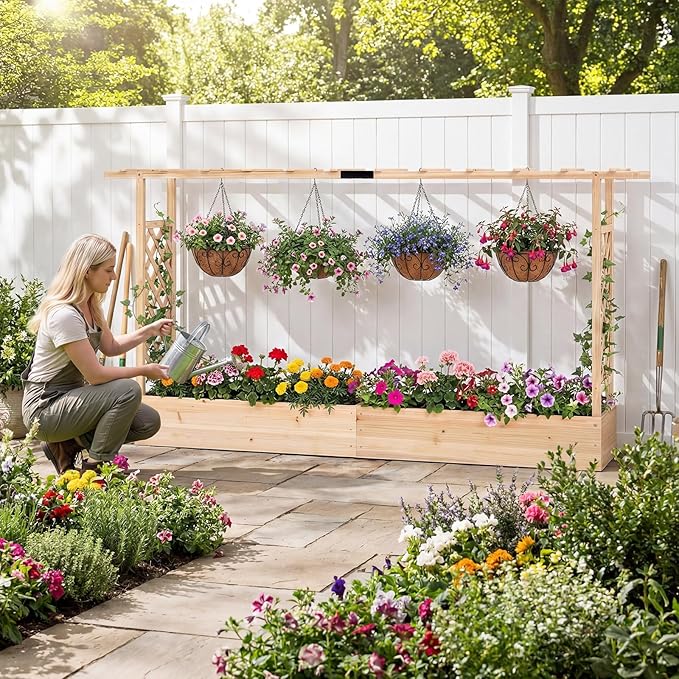 HAPPYGRILL Raised Garden Bed with Trellis, 2 Freestanding 45" Wood Planter Box w/Hanging Roof & 8 Drainage Holes for Vine Climbing Plants Flowers, Outdoor Wood Elevated Garden Bed for Patio Yard