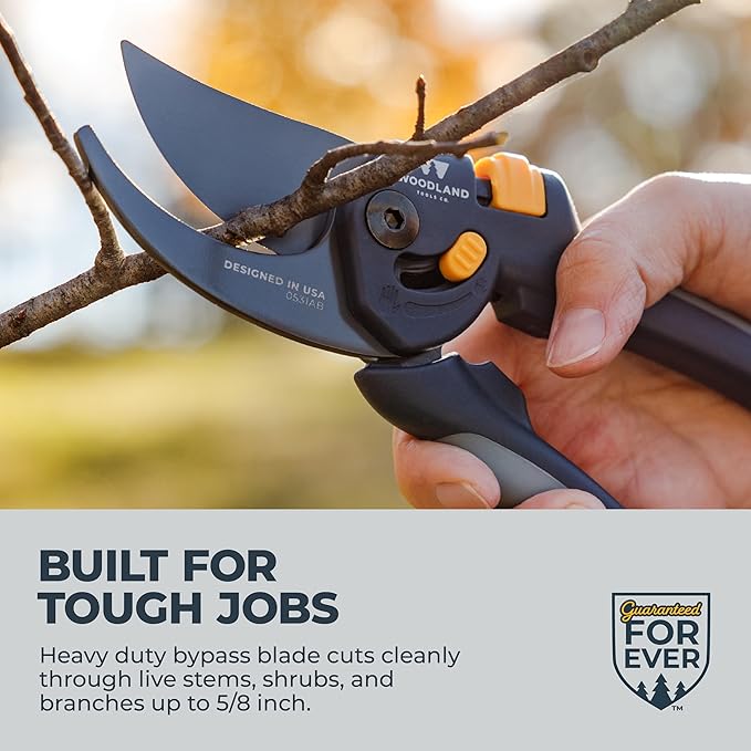 Woodland Tools Co. Heavy Duty Bypass Pruning Shears – 5/8" Cut Capacity, High Carbon Steel Blade, Internal Spring, Adjustable Grip Slider, Garden Hand Pruner for Plants, Shrubs, and Live Stems