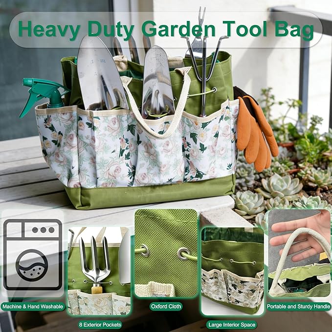 Garden Tool Set, 9 Pcs Heavy Duty Stainless Steel Gardening Hand Tool, Green Garden Tool Bag Kit, Gardening Supplies Gifts for Women Men Mom Dad Gardener Beginner