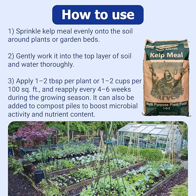 Neptune’s Harvest Organic Kelp Meal Plant Food (1-0-2) - 50 lb Resealable Bag - Multi-Purpose Seaweed Fertilizer - Indoor & Outdoor Plant Fertilizer for Lawns, Gardens, Vegetables & Bulbs