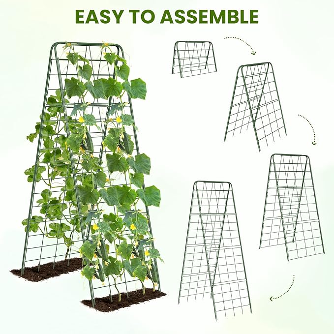Heavy Duty A-Frame Metal Garden Trellis for Climbing Plants, 50"x17" Inch Tall Plant Support with Clips & Garden Ties for Cucumbers, Squash, Beans & Vines (2)