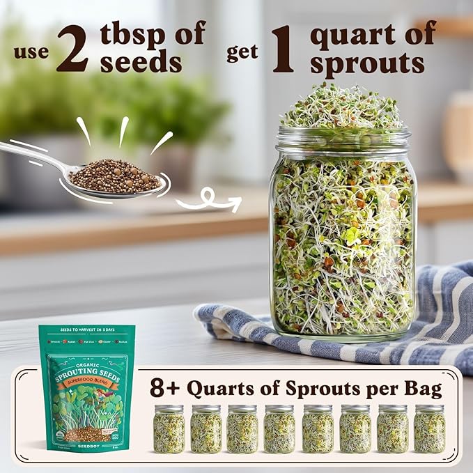 Seedboy Organic Non-GMO Sprouting Seeds, Superfood & Protein Blend - 2 Pack Bundle - USA Grown Sprouting & Microgreens Seeds - Two 8 oz Bags Makes 12 Quarts / 36 Servings (Superfood/Protein)