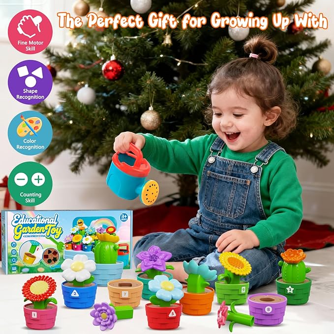 Marlrin Montessori Flower Garden Building Toy for Toddlers, Kids Gardening Set with Watering Can, Shovel, Rake, Shape & Color Sensory Toys, Toddler Outdoor Toys,Preschool Gift for Baby Girls Boys