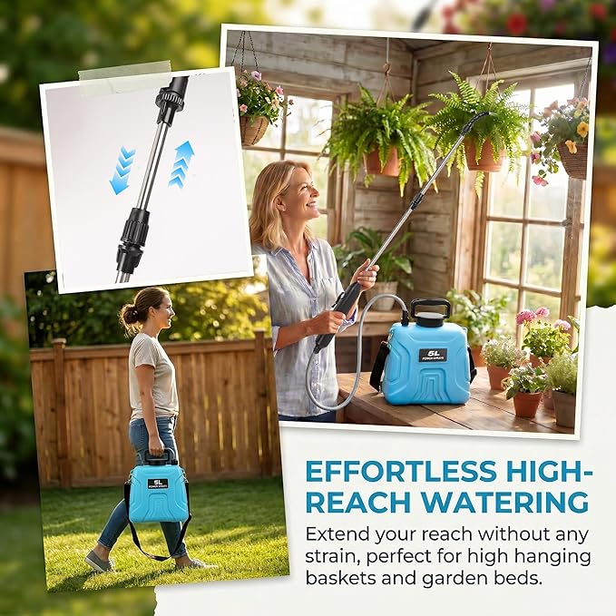 High Reach Plant Waterer with Spray Can - Electric Water Sprayer with Telescopic Wand and Water Hose, 180° Adjustable Nozzle 5L Watering Can for High Hanging Plants