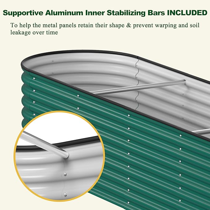 VEIKOU 8ftx2ftx2ft Raised Garden Bed Outdoor for Vegetables, 9-in-1 Galvanized Metal Planter Box with 4 Support Rods, 23.1''H Modular Garden Bed Kit Oval for Herbs and Flowers, Green