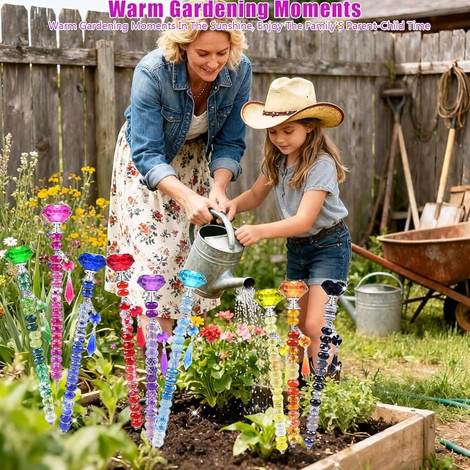 300 Pcs DIY Fairy Wand Beaded Garden Stakes Kit, Fairy Wands Garden Kit Colorful Large Hole Bead with Pendants Crystal Stopper Top Threaded Rod Beaded Garden Stakes Supplies for Outdoor Decorative