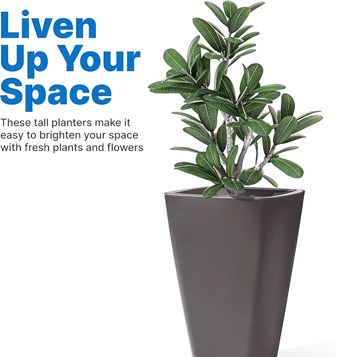 Step2 Bridgeview Tall Square Planter, Large Planters for Outdoor Plants, Gardening and Flower Pot for Patio or Porch, Efficient Drainage, Durable Plastic, Dark Cedar, 2-Pack