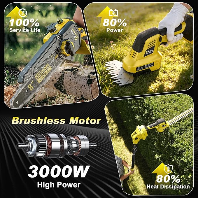 6-in-1 Cordless Pole Saw & Hedge Trimmer Combo & Grass Shear with Extension Pole Garden Tool with 2 * 4.0Ah Battery,180°Adjustable Angle,16Ft Reach,for Shrubs Pruning