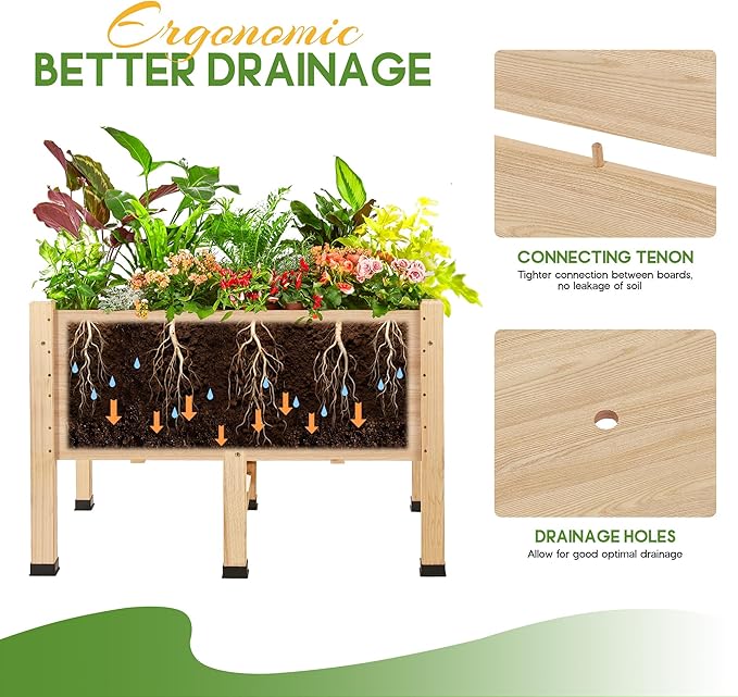 AMERLIFE 4x2 Ft Raised Garden Bed with Legs and Drainage Holes, 16 Inch Deep Elevated Wood Planter Box for Vegetables, Flowers, Herbs, Balcony, Patio, Backyard
