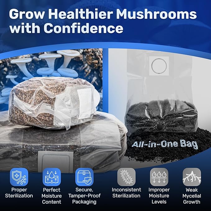 6 LB All-in-One Mushroom Grow Kit, Up to 64oz of Fresh Mushrooms Over 3 Flushes, Sterilized Grain Bag + Dung-Loving Substrate, Injection Port, OMRI-Listed, Made in USA, Just Add Spores