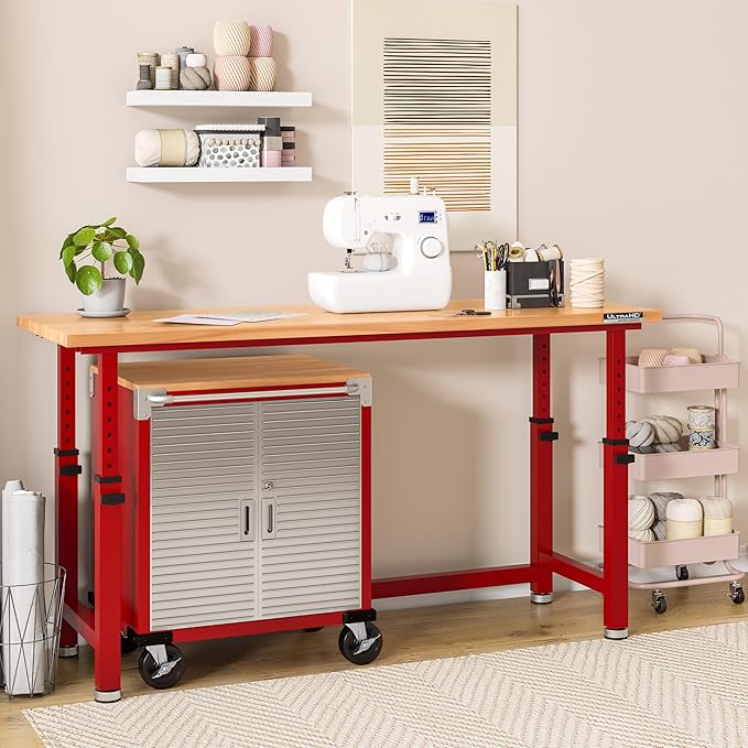 Seville Classics UltraHD Heavy Duty Rolling Cabinet Workbench Table w/Solid Wood Top, Workstation for Garage, Office, Workshop, Red, 2-Door (28" W x 18" D)