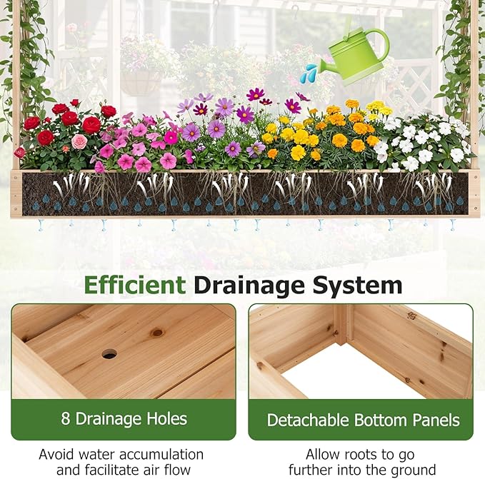 HAPPYGRILL Raised Garden Bed with Trellis, 2 Freestanding 45" Wood Planter Box w/Hanging Roof & 8 Drainage Holes for Vine Climbing Plants Flowers, Outdoor Wood Elevated Garden Bed for Patio Yard