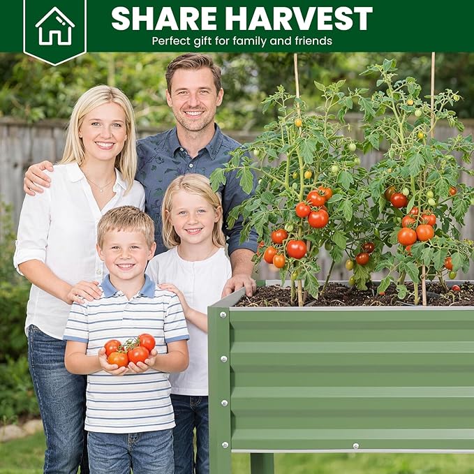 1MORE Elevated Raised Garden Bed with Legs, 48×24×32in Large Metal Raised Bed for Backyard, Patio, Balcony. Raised Planter Box with Drainage Holes for Plants Vegetables Flowers Fruits.Green-1pcs