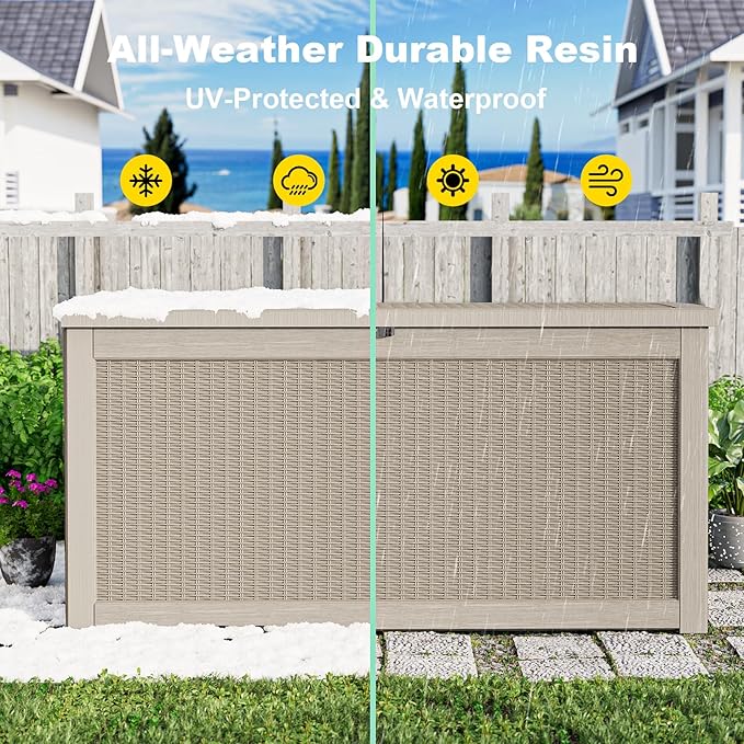 320 Gallon Outdoor Deck Box,Waterproof Resin Outdoor Storage Boxes, Outside Storage Lockable Container for Garden Tools,Indooor Cushions,Accessories (Grey)