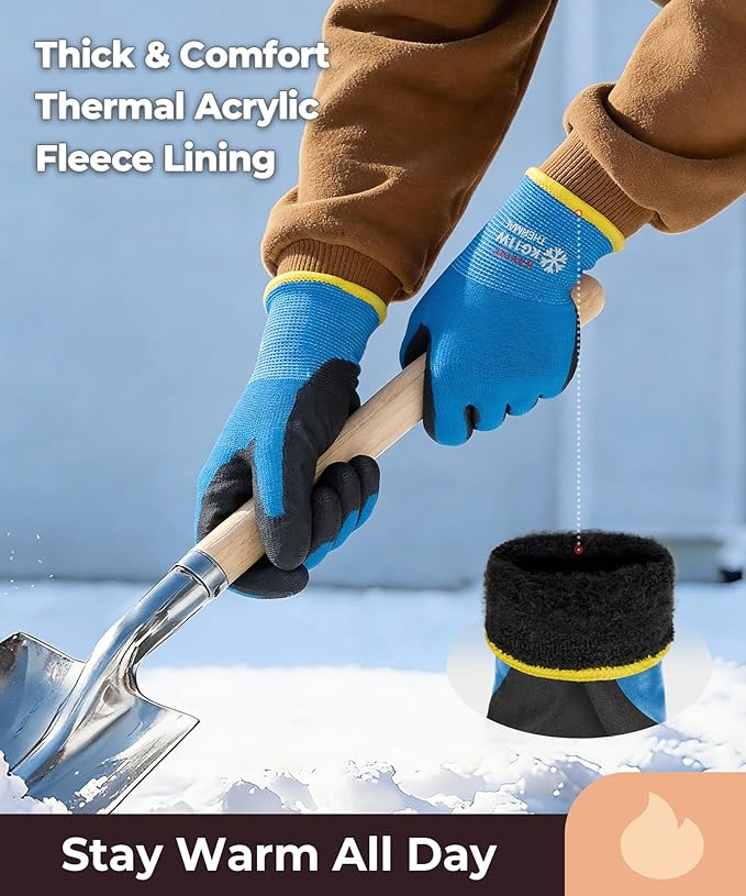 KAYGO 12 Pairs Winter Work Gloves for Men and Women, Thermal Insulated Safety Work Gloves PU Coated, Super Grip,Ideal for Freezer Work,Blue,M
