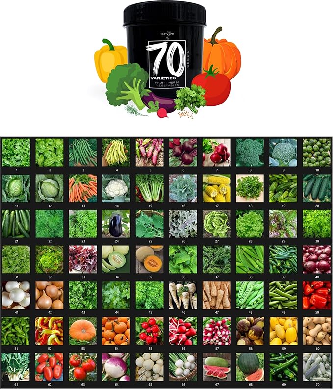 70 Pack Survival Vegetable Seeds Garden Kit Over 11,900 Seeds Non-GMO and Heirloom, Great for Emergency Bugout Survival Gear, for Planting Vegetables and Fruits, Herbs - Survive Seed Co.