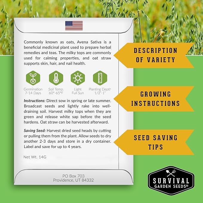 Oat Seeds for Planting – Heirloom Avena Sativa Milky Oats Medicinal Herb & Oatstraw for Tea, Tinctures, and Cover Crops – Heirloom Non-GMO Seeds – Survival Garden Seeds (1 Pack)