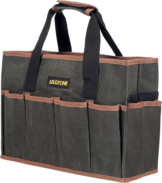 Tool Bag 16 oz. Waxed Canvas Tool Bag Large Capacity Tool Storage Tote comes with a Main Compartment and 12 Exterior Pockets for Wrenches, Scissors, Hammers or a set of Garden Tools and More ArmyGreen