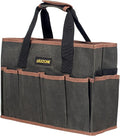 Tool Bag 16 oz. Waxed Canvas Tool Bag Large Capacity Tool Storage Tote comes with a Main Compartment and 12 Exterior Pockets for Wrenches, Scissors, Hammers or a set of Garden Tools and More ArmyGreen
