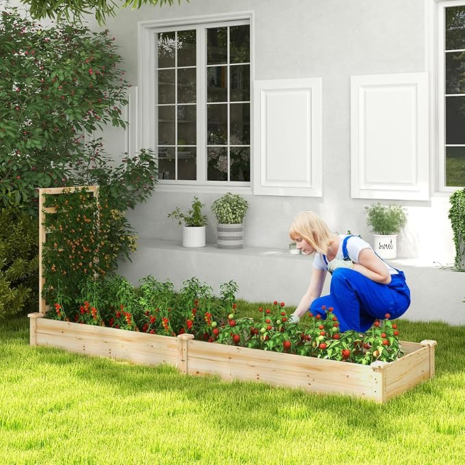 HAPPYGRILL Raised Garden Bed with Trellis, Wooden Garden Box with Divided Space for Vegetables, Flowers, Fruits, Climbing Plants, Outdoor Elevated Planter Box for Yard Patio, 93”L x 25”W x 40”H