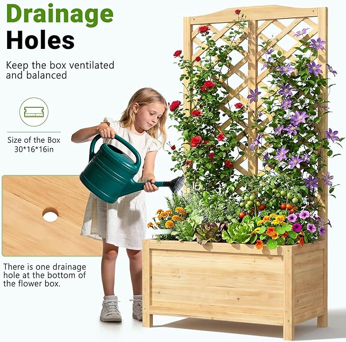 DoCred Raised Garden Bed with Trellis, 30" L x 16" W x 59" H Elevated Freestanding Planter Box for Climbing Plants, Outdoor Wooden Privacy Screen with Garden Box for Backyard Patio Balcony Decor