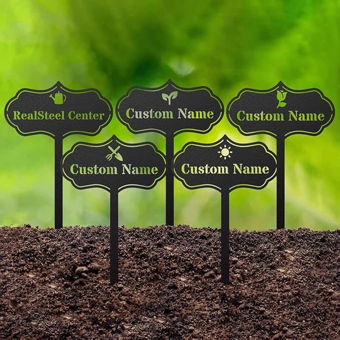 RealSteel Custom Seed & Plant Markers – Metal Garden Stakes for Herbs, Fruits & Vegetables | Elegant Steel Plant Labels for Pots, Raised Beds & Outdoor Gardens | Farmhouse & Greenhouse | Sprout Icon