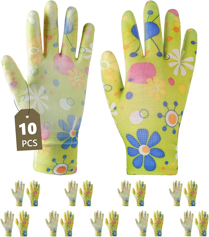 Ainiv 10 Pairs Red Gardening Gloves for Women, PU Coated Polyester Knitting Garden Gloves, Non-Slip Grip Work Gloves Women