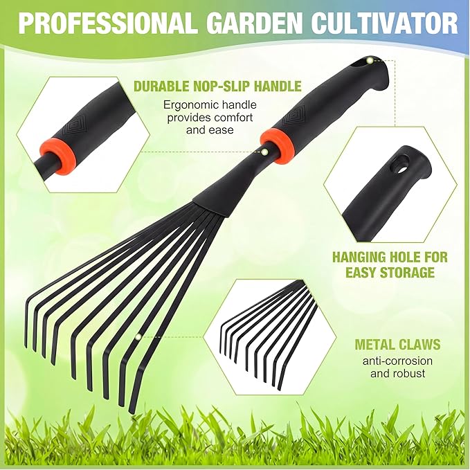Yaocom 12 Pcs Hand Rakes Garden Tool Mini Heavy Duty Garden Cultivator 11 Inch Small Rake Gardening Hand Tiller with Handle for Digging Weeding Loose Soil(9-Tine Rake,Yellow, Orange)