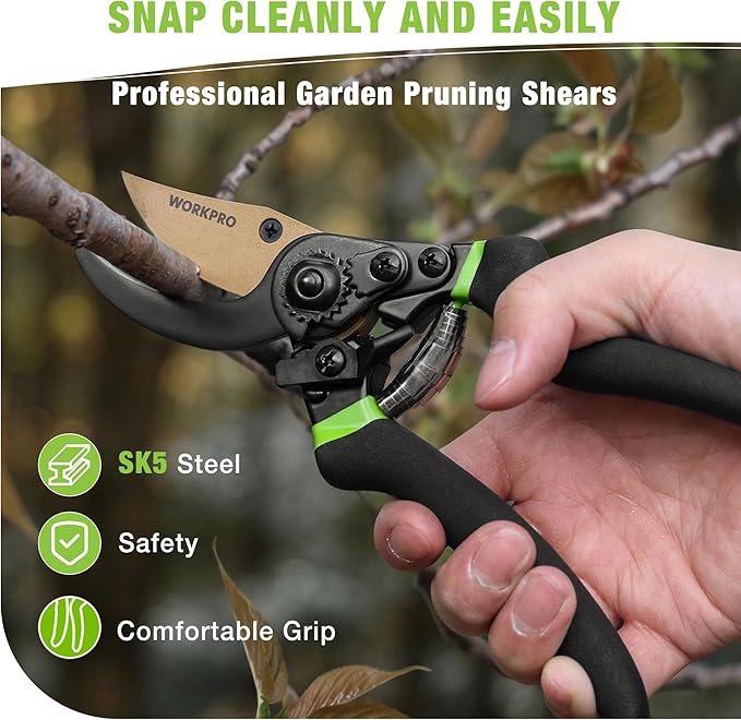 WORKPRO 8.5" Bypass Pruning Shears, Professional Garden Shears with Sharp SK5 Blade, Garden Clippers, Hand Pruner for Branches, Flowers, Fruits, Plants, Bonsai, Effortlessly Prunes 3/4" Branches