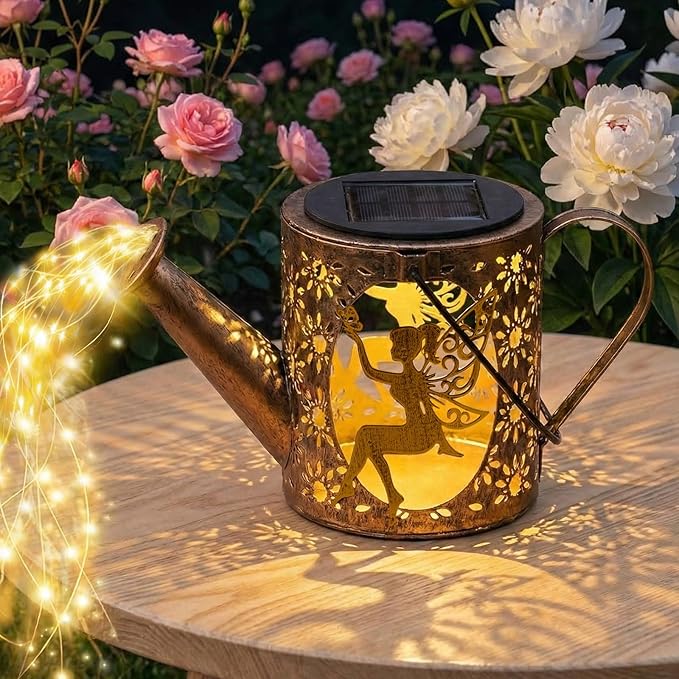 Solar Watering Can Light with Bunny Silhouette Stake & Fairy Design - Cascading LED String Light for Garden Yard Patio Decor, IP65 Waterproof Outdoor Gift for Mom, Women, Birthday, Housewarming
