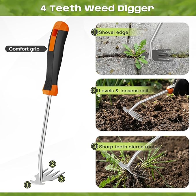 fishark Weed Puller Tool Set, 3 Pack Manual Weed Puller with Ergonomic Handle, Stainless Steel Crack Weeder and Uprooting Tool for Garden, Patio, Lawn, Driveway and Paving Stones