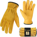 OZERO Men's Cowhide Leather Gardening Gloves, Thorn-Proof Work Gloves for Heavy Duty Yard Work, Digging, Planting & Pruning, Reinforced Grip,3 Pairs, Large (Gold)