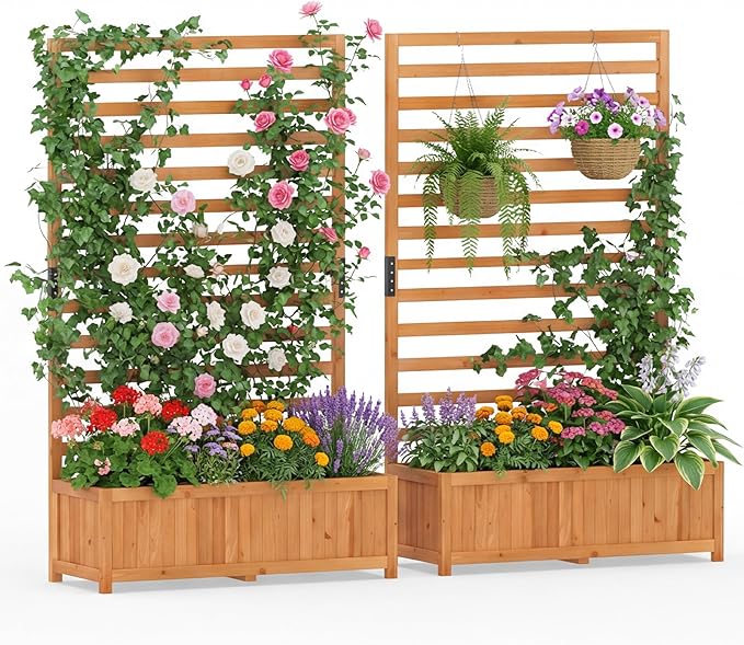 Giantex Set of 2 Raised Garden Bed with Trellis, 59” Tall Planter Box with Liner, Drainage Gaps for Climbing Vine Vegetable Flower, Indoor Outdoor Freestanding Privacy Screen for Porch Patio Yard
