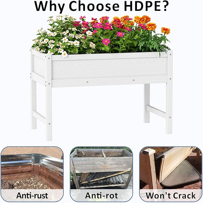 Raised Garden Bed Outdoor with Legs,HDPE Elevated Planter Box Rot-Resistant and Non-Cracking,Raised Beds for Gardening for Backyard, Patio, Balcony, 300lb Capacity White