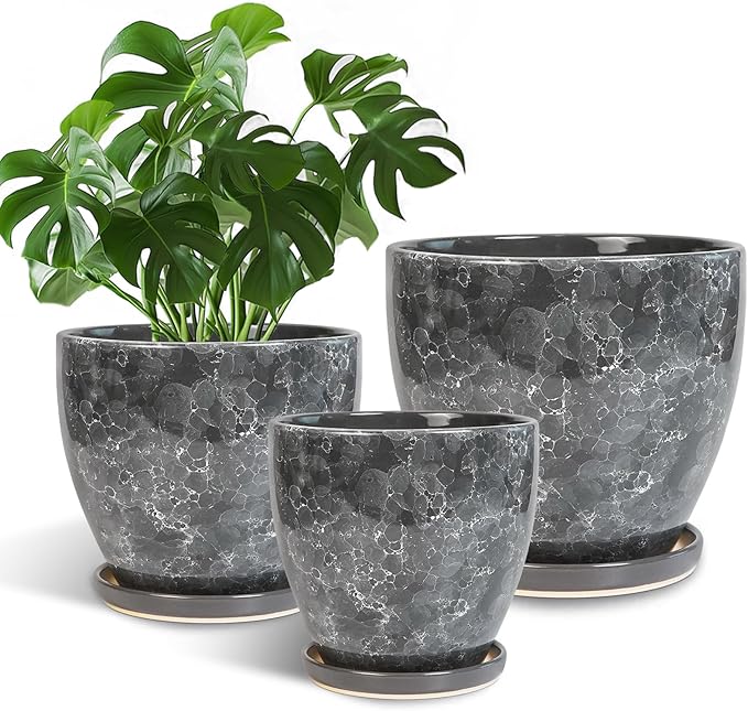 Ceramic Pots for Plants - 10+8+6 Inch Modern Flower Pot for Indoor Outdoor, Round Planters with Drainage Holes and Trays, Office Garden Living Room Decor, Housewarming Gifts, Set of 3, Grey