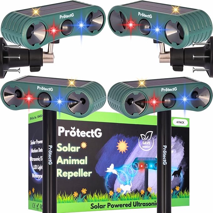 4 Pack Solar Ultrasonic Animal Repellent Outdoor - Maximum Coverage Motion Activate System - Heavy-Duty Waterproof Defense for Coyote, Rat, Wild Dog, Bird, Cat, Deer Repeller, Large Areas