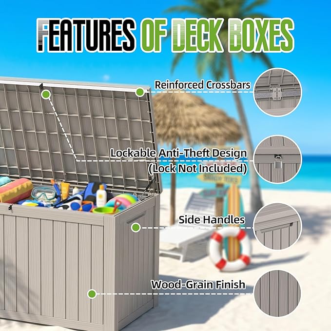200 Gallon Outdoor Storage Deck Box Waterproof Resin Lockable Outside Bench Porch Patio Furniture Pool Float Garden Tool Cushion UV Resistant Bin Beige