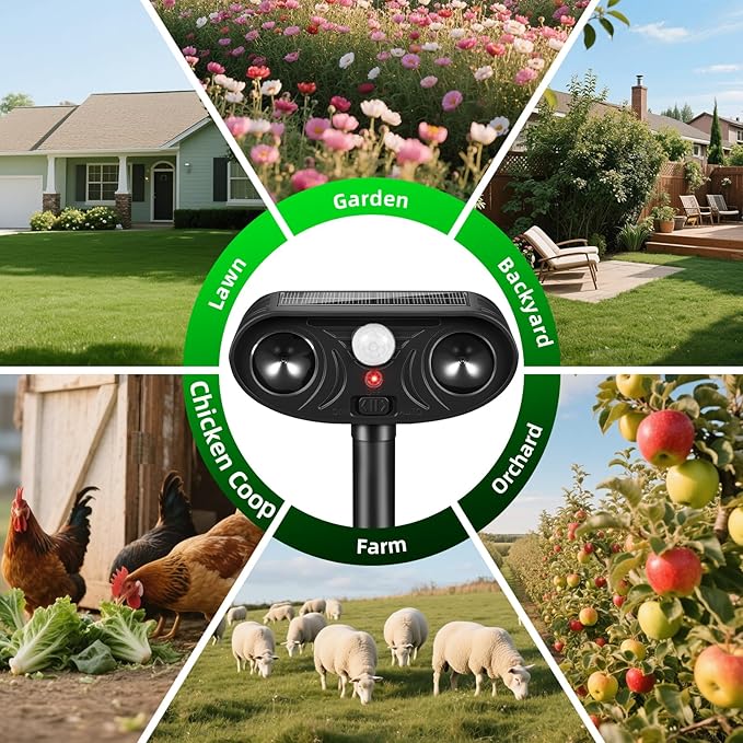 2026 Upgraded Solar Ultrasonic Animal Repellent Deer Repellent Devices Cat Deterrent Outdoor with Motion Sensor Dog Deterrent Keep Raccoon Squirrel Skunk Rabbit Away from Yard Lawn Garden 2 Pack