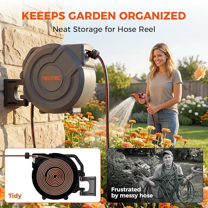 Upgraded Retractable Garden Hose Reel 5/8 inch x 100 ft Any Length Lock 9 Pattern Nozzle Wall-Mounted Automatic Slow Return 180° Swivel UV Resistant Heavy Duty Hose Reels for Outside