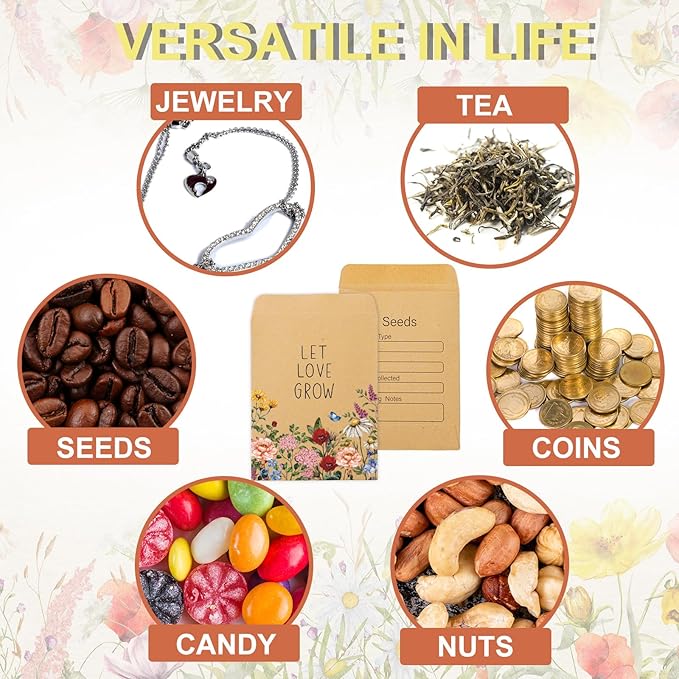 50Pcs Wildflower Seed Packets Let Love Grow Self-Adhesive Kraft Envelopes Rustic Floral Seed Storage Pockets for Garden Office Party Favors Supplies, 3.15 x 2.4 Inch