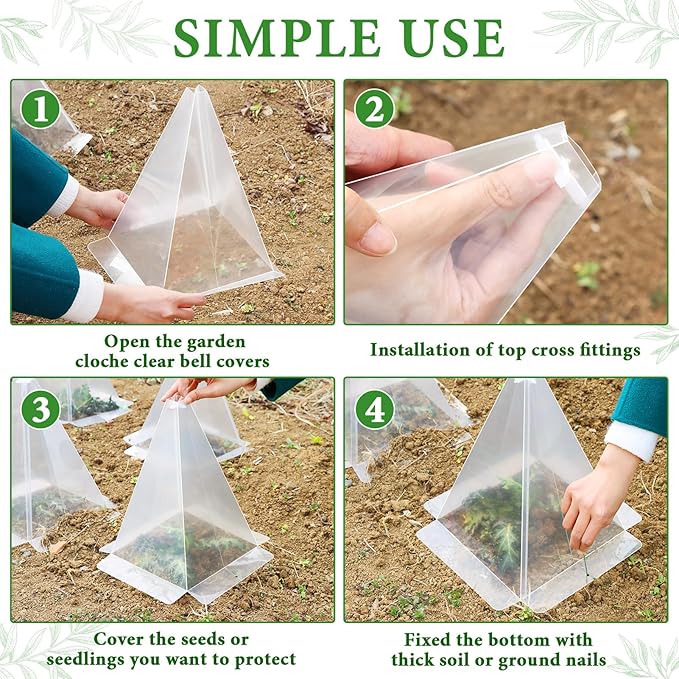 Garden Cloches for Plants, 20 Pack Plastic Small Plant Seedling Protector, Reusable Clear Bell Covers with 40pcs Metal Stakes, Mini Greenhouse Against Sun, Frost, Snails, Birds, 7.8" x 11"