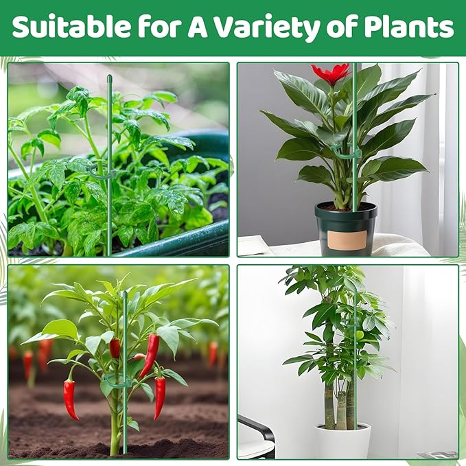 12inch Plant Stakes, 16Pcs Adjustable Plant Support Stake Plant Sticks for Indoor Outdoor Green Poles with Rings Clips & Ties for Potted Plants Monstera Tomato Orchid Flower