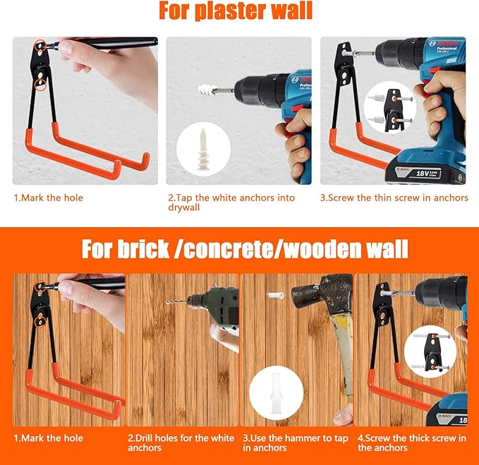Heavy Duty Garage Storage Hooks, 4 Pack Utility Steel Garage Tool Organizer Wall Mount for Hanging Power and Garden Tools Ladders Hoses Bikes Ropes & Bulk Items