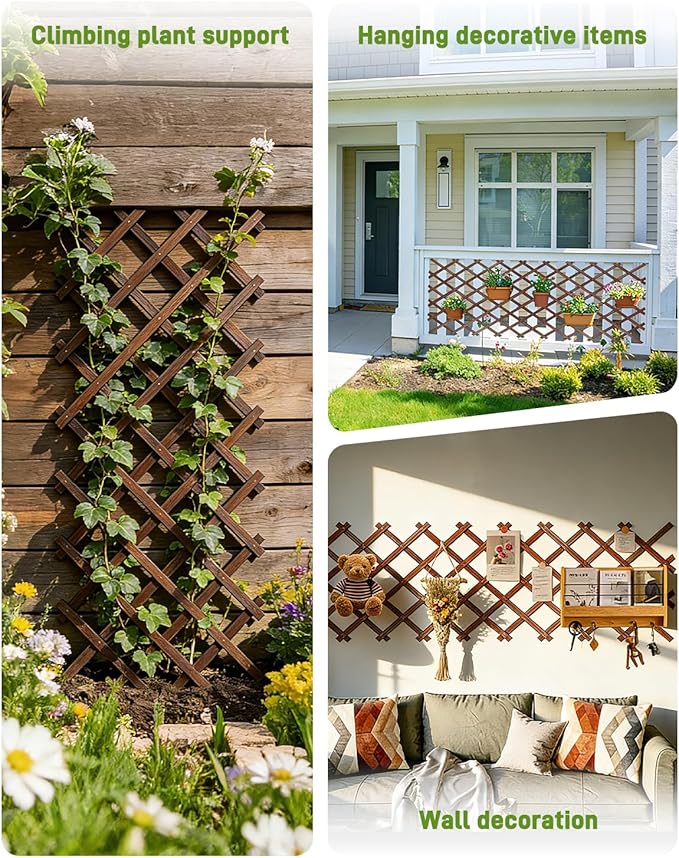 2 Pack Expandable Wooden Lattice Fence Panel, 2.2 x 5.2 Ft Wood Garden Trellis for Climbing Plants, Outdoor Privacy Fence Wall for Ivy Rose Vine, Patio Yard Balcony Decor