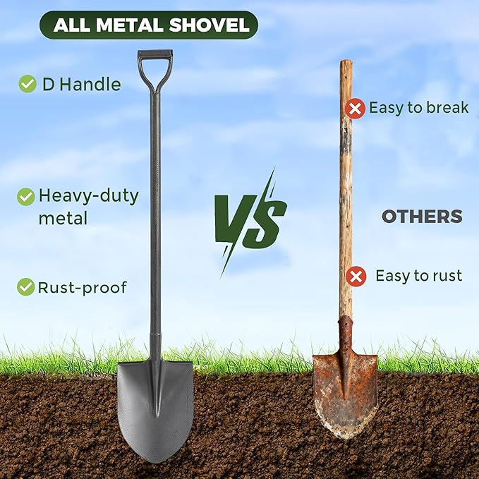 Heavy Duty All Steel Shovel - 48 Inch Digging Shovel for Garden, Camping, Trenching, and More with D-Grip Handle, Black Full Steel Construction