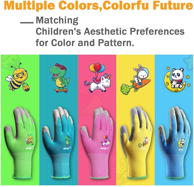 5 Pairs Kids Gardening Gloves Yard Work Gloves Children Soft Safety Rubber Coated Glove for Toddlers Youth Girls Boys Children (9-12yr L)