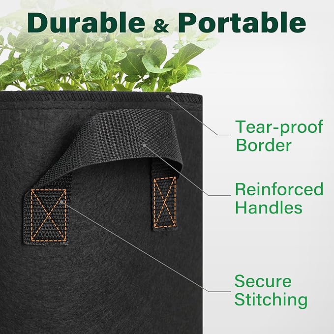 LotFancy 5-Pack 20 Gallon Grow Bags, 300G Thickened Nonwoven Fabric Pots with Reinforced Handles, Heavy Duty Aeration Planter Bags for Vegetables Flowers Fruits, Black