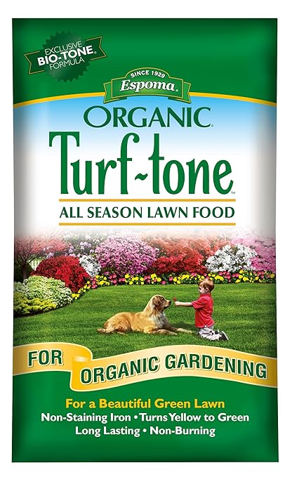 Espoma Turf-Tone All Season Organic Lawn Food with Iron & Exclusive Bio-Tone Formula - Slow Release Long Lasting Feeding for All Lawns - Granular Lawn Fertilizer for All Seasons - Made in USA, 28 lbs